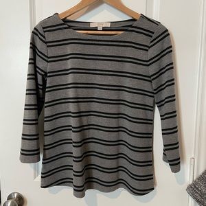 Loft striped gray and black boat neck work blouse, 3/4 sleeve